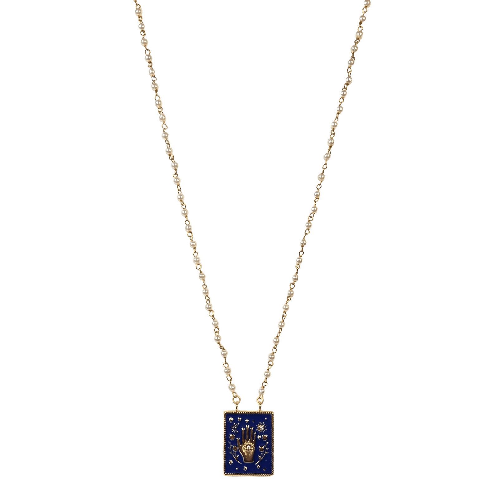 Gold Pearl Rosary With Blue Hand Necklace - Jewelry - Hello From Portland