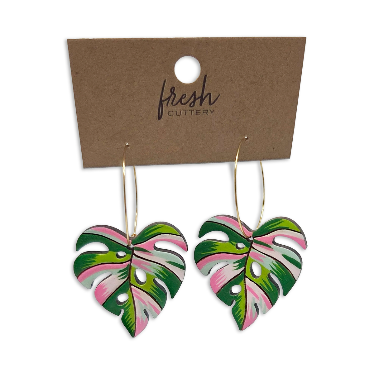 Pink Variegated Monstera Earrings