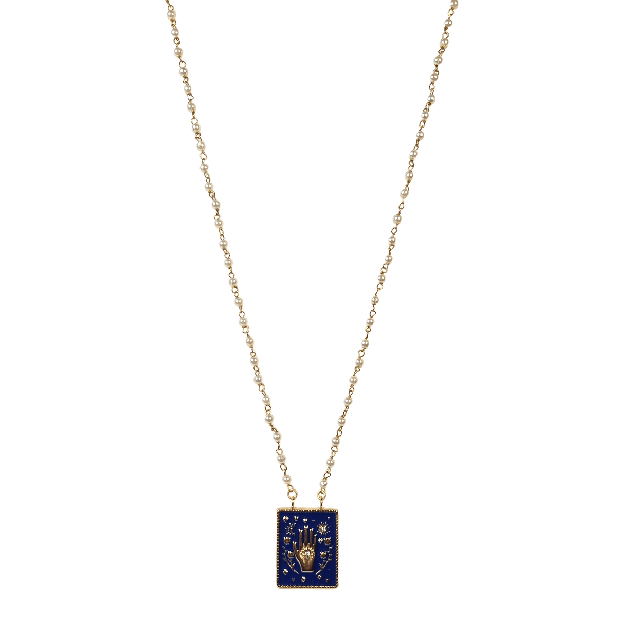 Gold Pearl Rosary With Blue Hand Necklace - Jewelry - Hello From Portland