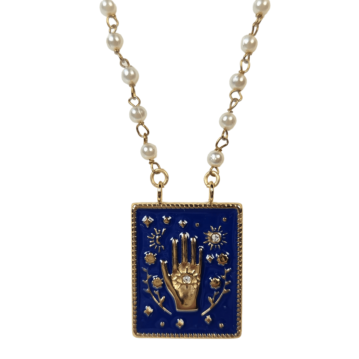 Gold Pearl Rosary With Blue Hand Necklace - Jewelry - Hello From Portland